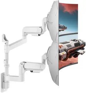 ARES WING Dual Monitor Wall Mount for 24-57 Inch Ultrawide Screens, Premium Heavy Duty Monitor Arm Holds 60 lbs, Full Motion Gas Spring, Bearing Head for Easy Adjustment, 75/100 VESA Mount, White