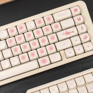 MOA Profile PBT Keycaps, Cute White Pink Round Keycap, 123 Keys Minimalist Custom Keyboard Keycap Set, Butterfly Dye-Sublimation Key Cap for 61/64/68/84/87/100/104/108 Cherry MX Mechanical Keyboards