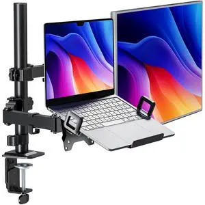 monTEK Monitor Mount and Laptop Stand for Desk, Adjustable Height Monitor Arm Fit up to 32 inch Screen and 17 inch Laptop, Hold up to 22lbs Weight, C-Clamp and Grommet