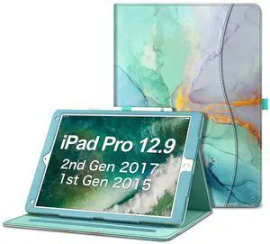 Fintie Multi-Angle Case, 2017/2015 iPad Pro 12.9 inch (Old Model) 1st & 2nd Gen Case - [Corner Protection] Folio Stand Cover with Pencil Holder & Pocket, Auto Wake/Sleep, Emerald Marble
