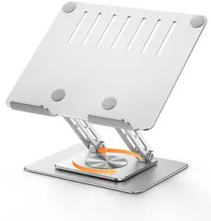 MESWAO Tablet Stand Holder for Desk with 360° Rotating Base, Dual Rod Adjustable & Foldable Aluminum Stand for Home Office Compatible with 11-16 Tablets, Silver