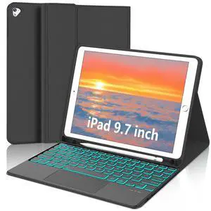 IVEOPPE for iPad Keyboard case 9.7 inch, iPad 6th Gen (2018), iPad 5th Gen (2017), iPad Air 2 (2014), Multi-Touch Trackpad, Detachable Backlit Folio Keyboard Slim Cover with Pencil HolderBlack