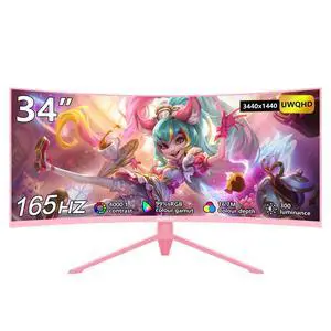 Raywego 34 inch Pink Curved Gaming Comupter Monitor 165Hz UWQHD 3440x1440,1500R -PIP,1ms (MPRT),HDR, 300nits,sRGB99%,FreeSync,HDMI2.0(TMDS) x2,DP1.4 x2,Eye Care, Supports Wall Mount 75x75mm Raywego 34 inch Pink Curved Gaming Comupter Monitor 165Hz UWQHD 3440x1440,1500R -PIP,1ms (MPRT),HDR, 300nits,sRGB99%,FreeSync,HDMI2.0(TMDS) x2,DP1.4 x2,Eye Care, Supports Wall Mount 75x75mm