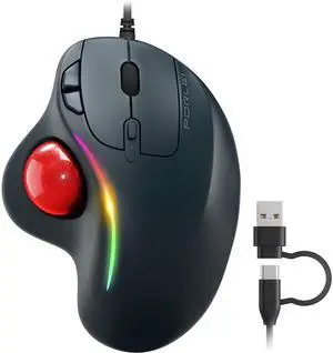PORLEI Wired Trackball Mouse with RGB Lighting, Ergonomic Thumb Control to Reduce Muscle Strain, 5 Adjustable DPI, Dual USB-C & USB-A Connectivity, Compatible with PC, Laptop, Mac, Windows-Red