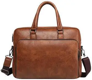 Mens Laptop Bag 16.1 Inch Waterproof Vintage Leather Briefcase Computer Messenger Handbags Shoulder Bag (Khaki)