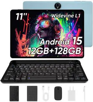 11 Inch Tablet with Keyboard, Android 15 Tablets, 12GB+128GB, 1TB Expand, 8000mAh Battery, 5MP+8MP Camera, Dual Band WiFi 6, IPS Touch Screen, Mouse/Stylus/Case/Charger Inside, Great Gift -Blue Set