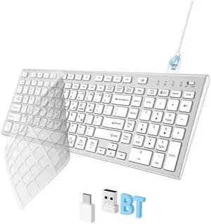 FENIFOX Wireless Keyboard, Bluetooth + USB Ergonomic Silent Quiet Rechargeable with Number Pad Compact Full Size Multi Device Keyboards for iPad Tablet Mac Computer Surface PC MacBook Laptop Silver