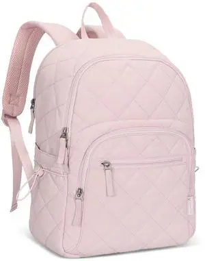Hynes Eagle Travel Laptop Backpack Quilted College Backpack for Women Puffer Casual Daypack Personal Item Bag for 16 Inch Light Pink