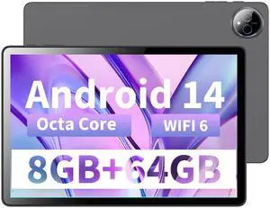 Veidoo 10.1-Inch Tablet, 8 GB RAM 64GB ROMIncluded 4GB Virtual Memory 1TB Expandable, Android 14 Tablets with Octa-Core Processor, WiFi 6, IPS HD Touchscreen, Dual Camera, Bluetooth 5.0, GPS
