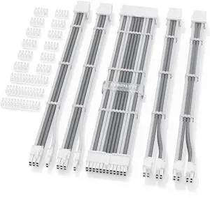 Sirlyr PSU Cable Extension Set - Soft Nylon Sleeved PC Cables,24Pin ATX 8Pin EPS 8 Pin PCI-E,Gold-Plated Pins for GPU Power Supply with Pre-Install Wire Combs Gray White,5 Kits