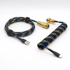 KCSJXF Reverse Coiled Type-C Cable for Gaming Keyboard, Double-Sleeved Mechanical Keyboard Cable with Gold Metal GX16 Aviator, 1.5M USB-C to USB-A (Gold Blue)