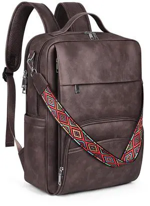 SYTRAH Leather Laptop Backpack, 15.6 Inch Business Computer Bag, Designer College Backpack Travel Backpack with Colorful Shoulder Bag Strap Dark Coffee