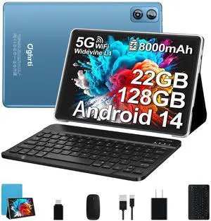 Dghrti 2025 Android 14 Tablet 10 inch, 22G RAM+128G ROM/1TB Expansion, 8000 mAh Battery, Octa-Core, 1280 * 800 IPS HD Screen, Face Unlock, Widevine L1, 2 in 1 Tablet with Keyboard Mouse - Metal Blue