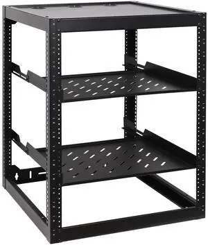 RackPath 16U Open Frame Network Rack with 2X 14in Vented 1U Shelves Rear Support, Wall Mount/Floor Standing Network Cabinet, Heavy Duty 150 lbs Capacity for IT & AV Gear, Audio and Video Device