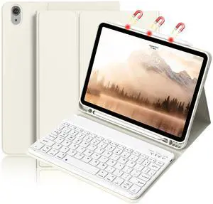 BQDIYOO Case for iPad Air 7th/6th 11-inch M3/M2 (2025/2024) & 10.9 inch Air 5th 4th Gen with Keyboard 2022 2020, Detachable Wireless Keyboard Cover with Pencil Holder, Auto Sleep/Wake, Cream White