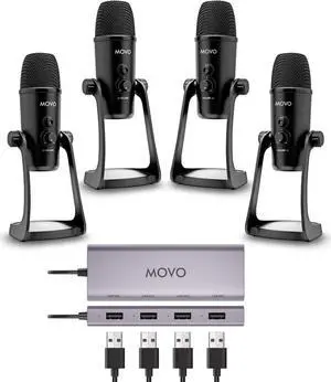 Movo USB Podcast Equipment Bundle for 4  USB Interface with 4 UM700 Condenser Microphones  4-Port Powered Hub for Streaming, Podcasting, Interviews
