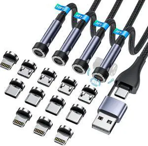 Ankndo 5-in-1 Magnetic Charging Cable, 540° Rotation Magnetic Phone Charger [4-Pack, 3ft/3ft/6ft/10ft] USB A/Type C Fast Charging Cable for iPhone/Micro USB/USB C Devices