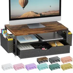 gianotter Wood Monitor Stand Riser, Office Desk Shelf Organizer, Desk Organizer with Drawer and Pen Holder, 2-Tier Computer Stand, Office Organization (Wood)
