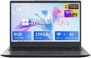 Zrasu W11 Pro Laptop 8GB LPDDR4 RAM 256GB SATA SSD, Celeron N4020, Gigabit LAN4K HD, WI-FI5, Bluetooth5.0, 14'' Computer FHD IPS Thin Laptop for Student Home