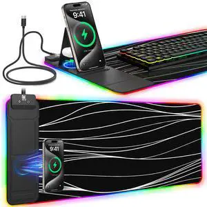 RGB Mouse Pad with Foldable Phone Stand & Wireless Charger, 31.5"x11.8" XL Gaming Mousepad Large Desk Mat, Desk Pad with Dual Charging for Phone & AirPods | 11 Colors & 5 Modes | Waterproof