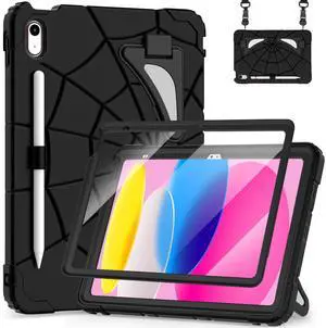Kids Case for iPad (A16) 11th/10th Generation 2025/2022, Shockproof Cover with Multi Angles Kickstand Shoulder Strap Screen Protector (Black)
