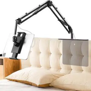 Bed Tablet Holder with Adjustable Arm - Invisable Heavy Duty Metal Stand Compatible with Kindle, iPad & Phones, Foldable & Space-Saving Design, No Furniture Damage for Reading/Watching in Bed