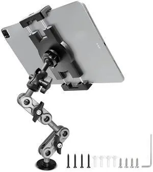 Porfortop Aluminum Heavy Duty Drill Base Tablet Holder Car Mount Dashboard, 14.2 Long 360°3-Stage Metal Stand Bracket for 4.7-12.9" iPad Pro/Air/Mini/Samsung Galaxy Tab, for Car Auto Truck Wall Desk