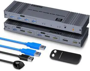 8K HDMI and Displayport KVM Switch 2 Monitors 2 Computers USB 3.0 Dual Monitor HDMI+DP KVM Switch for 2 Computers Share 2 Monitors and 4 USB 3.0 for Keyboard Mouse with IR Controller