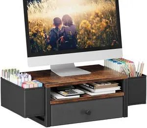 Desk Organizers and Accessories, 3-Tier Computer Monitor Stand Riser with Fabric Drawer & 6 Pen Holder, Office Desk Accessories Workspace Desktop Organizer for Office Supplies, Rustic Brown