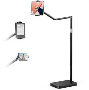 POLESTO Tablet Floor Stand with 10.6 LB Heavy Metal Base, Adjustable Height Stretchable Arm Overhead Bed Phone Stand, Compatible with iPad mini Air Pro, Kindle, Switch, Galaxy Tab, Cell Phones