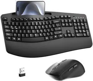 Wireless Keyboard and Mouse Combo, 2.4G Full Size Wave Keys Ergonomic Keyboard with Wrist Rest, Phone Holder, 3-Level DPI Wireless Silent Mouse with 6-Buttons, for Windows, Mac OS, Laptop, PC (Black)