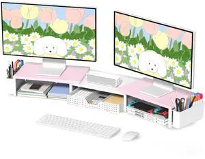 OPNICE Desk Dual Monitor Stand Riser - Desk Organizer with Drawer and Pen Holders, Office Desk Accessories & Workspace Organization, Computer Monitor Stand for Laptop, Printer(Pink White)