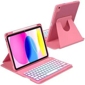 MMK for iPad A16 Case with Keyboard (2025), 7 Color Backlight | Removable keypad with Pencil Holder | 360 Degree | Rotating for iPad 10th Generation Case with Keyboard, Red