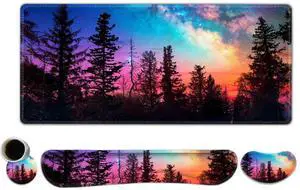 Lauspuck Keyboard Mouse Pad Set, Extended Gaming Mouse Pad +Keyboard Wrist Support +Mouse Wrist Rest +Coaster, 35.4x15.7 in XXL Large Ergonomic Desk Mat 4in1 Set for Home Office, Starry Forest