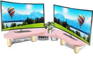 Dual Monitor Stand Riser, Adjustable Length & Swivel Angle, Ergonomic Wooden Desktop Organizer for PC Monitor, Laptop, Printer, Desk Organizers and Accessories, Pink Office Supplies (Pink, Dual)