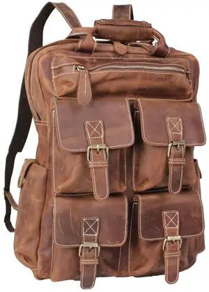 Bebowden Retro Crazy Horse Leather Men's Backpack Large Capacity Multi Pocket Cowhide Leather Bag Fits 16 "Laptop(9028-Light Brown