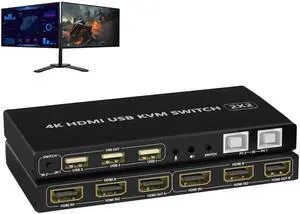 Arkidyn Plus Dual Monitor KVM Switch 2 Port 4K@60Hz, 2 in 2 Out with Audio, 3 USB 2.0 Hub, Black, Toggle Switch, ON-NONE-ON Operation Arkidyn Plus Dual Monitor KVM Switch 2 Port 4K@60Hz, 2 in 2 Out with Audio, 3 USB 2.0 Hub, Black, Toggle Switch, ON-NONE-ON Operation