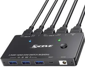 8K HDMI KVM Switch 1 Monitors 2 Computers, 8K@60Hz/4K@120Hz KVM Switch for 2 Computers Sharing 1 Monitors, Keyboard, Mouse,with 2 USB Cables,Controller and Power Adapter