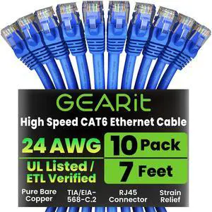 GearIT Cat 6 Ethernet Cable Pack - 10-Pack 7 ft Cat6 Ethernet Patch Cables | RJ45 Network Patch Cable, 10 Gbps Snagless Gold-Plated Connectors - Ethernet Cable Cat 6 for PC, TV, Router - Blue