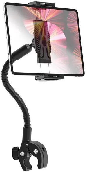 FreeSave Gooseneck Handlebar Tablet Holder for Bicycle/Treadmill/Stroller, Wheelchair Tablet Mount with Flexible Arm for iPad Pro/Air/Mini, Galaxy, 6.1-15.6" Devices and Thickness Cases [Up to 1.18"]