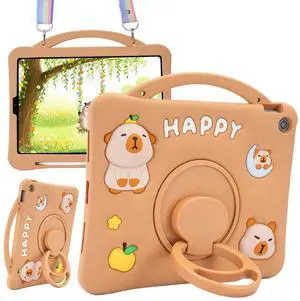 YOUSIDUN Capybara Kids Case for iPad 9th Generation 10.2 Inch/iPad 8th/7th Gen Case -3D Cute Silicone Cover for Girls with 360° Rotating Stand, Adjustable Strap, Pencil Holder-Brown