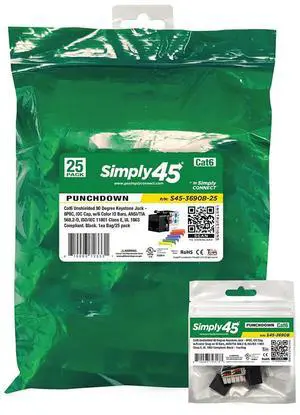Simply45 Cat6 UTP 90-degree Keystone with 6-Color Snap-On ID Bars Included - 110 Style, Black, 25 Pack - Dust Cover, IDC Cap, UL Listed - S45-3690B-25