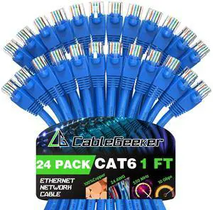 CableGeeker Cat 6 Patch Cables 1 ft (24-Pack) - Cat 6 Ethernet Cable, Snagless RJ45, Cat 5e Cat6 Patch Cable, Cat 6 Cable, 1 Foot Cat6 Ethernet Cables, Network Cable, Internet Cable - 1 Feet Blue