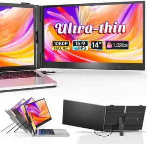 14" Laptop Screen Extender Ultra-Thin, Lightweight Portable Dual Laptop Monitor Extender with Speaker, FHD 1080P Travel Display, Plug & Play, HDMI/USB-A/Type-C for Laptops, Works with Win/Mac/Android