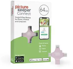 Picture Keeper Connect for iPhone, Android, USB-C, PC & Mac- 64GB USB Stick Backup for Photos, Videos, Contacts, Flash Drive Memory Backup- 64GB, Pink