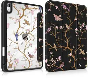MEEgoodo Case for iPad Air 11 inch M3 2025 / M2 2024, for iPad Air 5th / 4th Generation Case 10.9 inch 2022/2020, Tablet Cover with Acrylic Clear Back Shell, Cherry Blossom & Sparrow