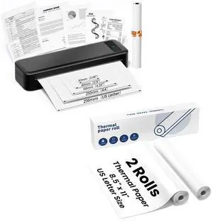 TATTMUSE Wireless Portable Thermal Printer Black & 3 Rolls 8.5" x 11" US Letter Thermal Paper