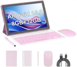 Android 15 Tablet,10 inch Tablets, 8GB RAM+32GB ROM/2TB Expandable, 2 in 1 Tablets with Keyboard Case, 1280x800 IPS Display Screen, 5G Wi-Fi6, Dual Camera, 6000mAh Battery BT5 Widevine L1 (Pink)