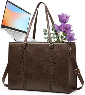 RAINSMORE Laptop Bag for Women, 15.6 inch Laptop Tote Bag PU Waterproof Computer Work Bags for Women Professional Business Office Briefcase Lightweight Shoulder Handbags, Coffee