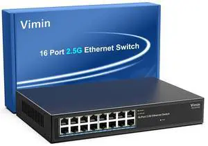 2.5G Switch Unmanaged, Vimin 16 Port 2.5GB Base-T Ethernet Switch, 2.5Gb Network Switch Plug & Play, Compatible with 10/100/1000/2500Mbps, Metal Housing, Fanless, for 2.5Gbps NAS, Wireless AP & PC